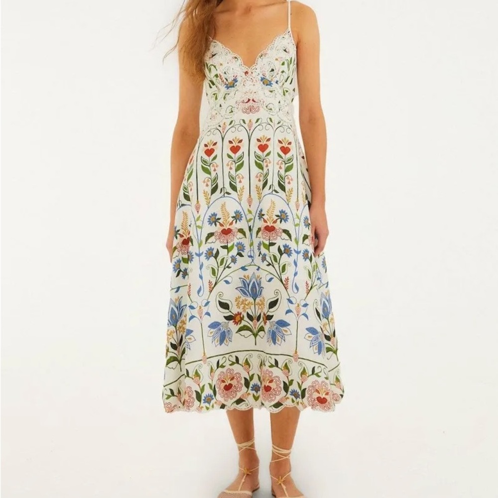 FARM Rio White Floral Midi Slip Dress with Blue, Green & Pink Embroidery